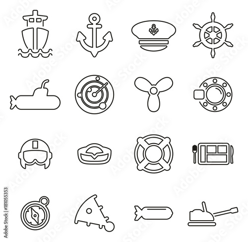 Navy or Military or Army Icons Thin Line Vector Illustration Set