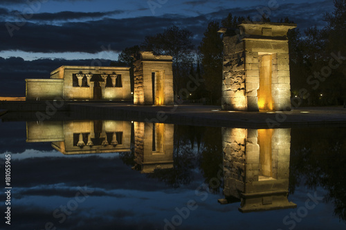 Temple of Debod at night with reflection in the water. Madrid Spain.