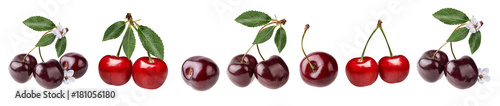 Fresh cherry with leaf isolated on white background with clipping path set