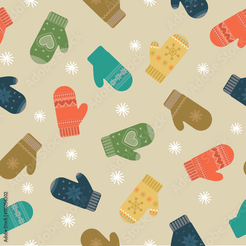 Pattern from mittens and snow. Winter background. Vector illustration.
