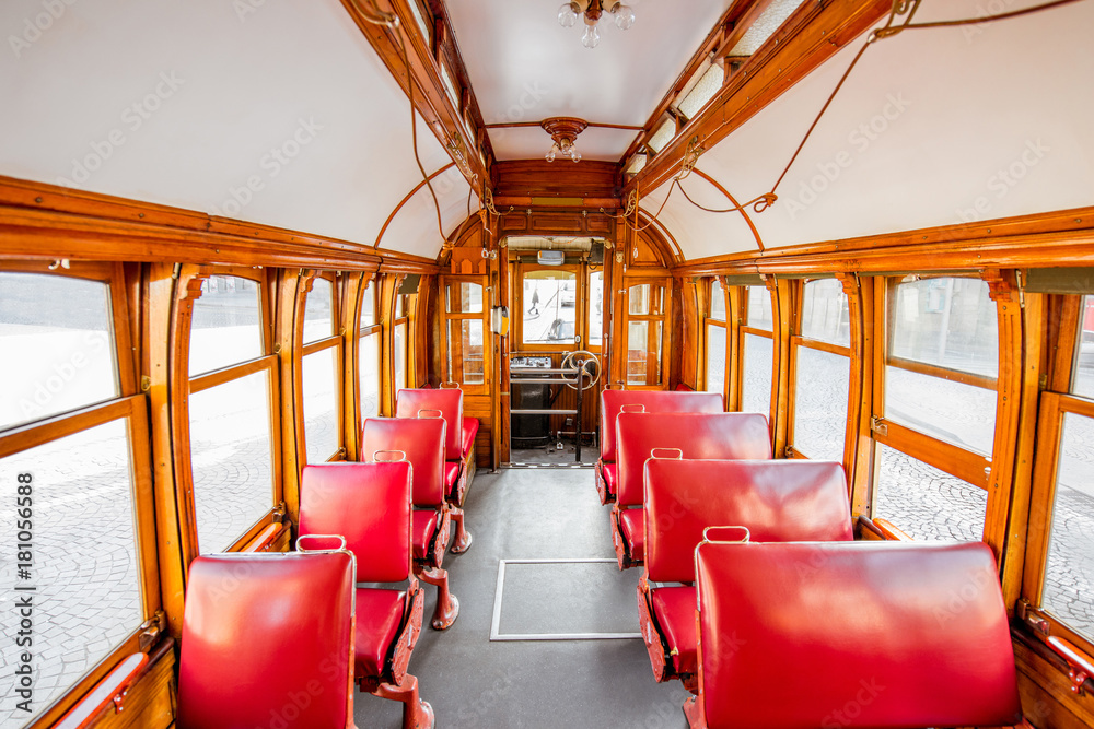 Interior of the famous retro tourist tram in Porto city