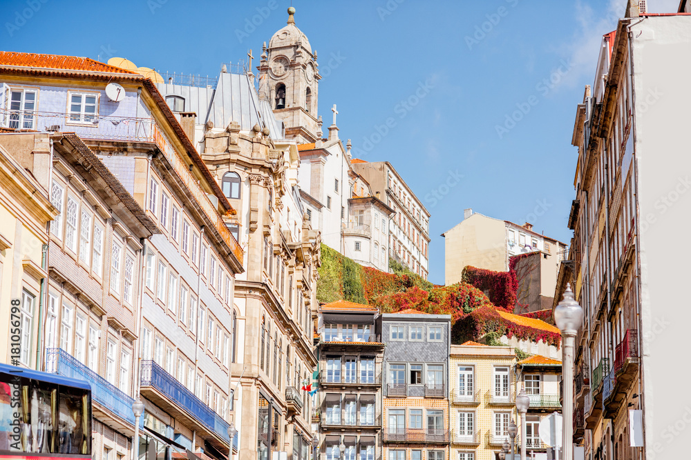 View on the beautiful old building facades on the street in the old town of Porto city, Portugal