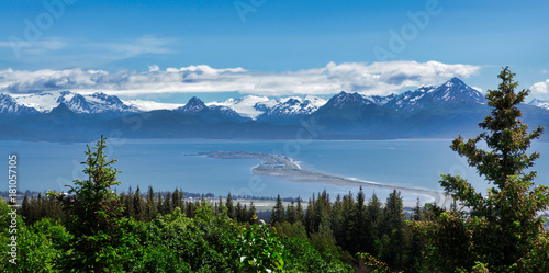 Scenic view of Homer spit and Alaska mountains and glaciers
