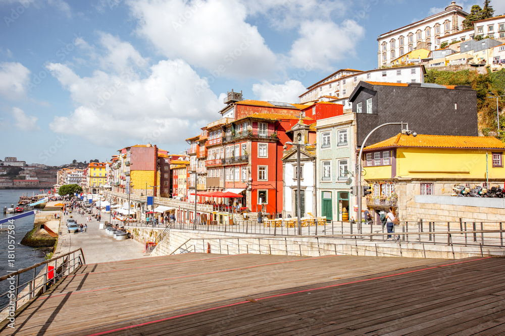 View on the Ribeira promenade with beautiful buildings and Lada chappel in Porto city, Portugal