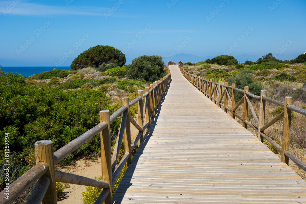 wooden path in cabopino beach marbella