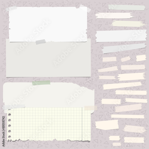 Multiple pieces of sticky tape and notepaper sheets in different shapes and sizes on light grey background with triangles