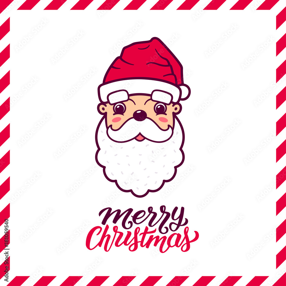 Merry Christmas calligraphic text and Santa Claus cute face on greeting card with red and white striped frame. Illustration with lettering for season greetings. Vector holiday background Merry Christmas calligraphic text and Santa Claus cute face on greeting card with red and white striped frame. Illustration with lettering for season greetings. Vector holiday background