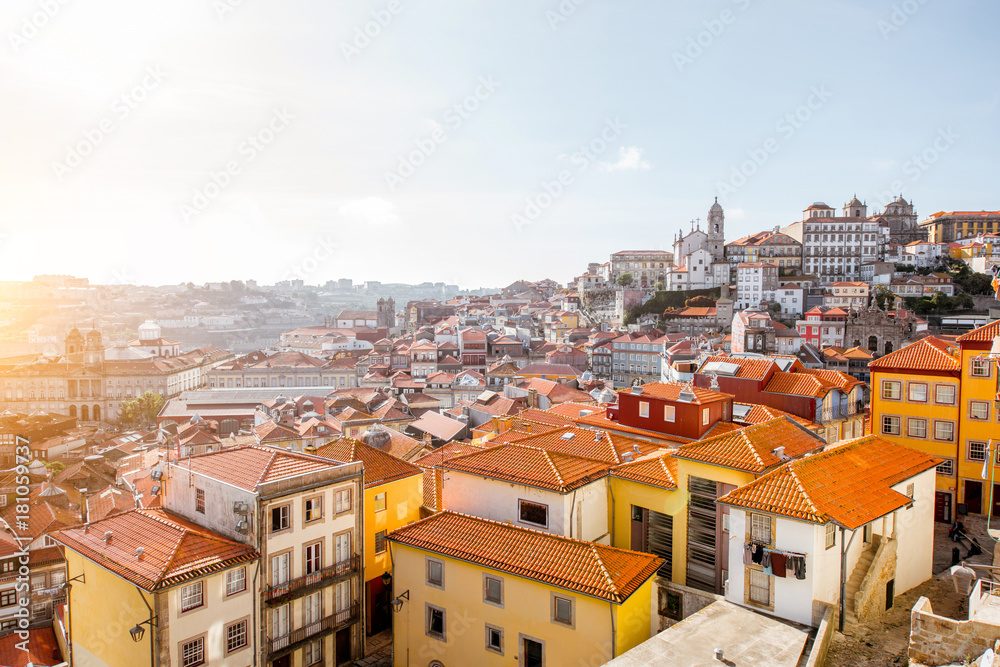 Top cityscape view on the old town of Porto city during the sunny day in Portugal