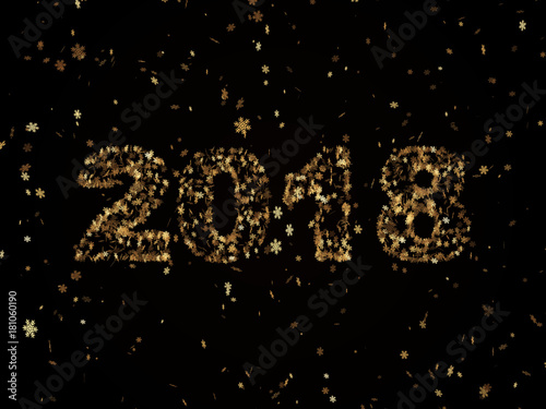 Golden snowflakes falling on a black background form the number 2018