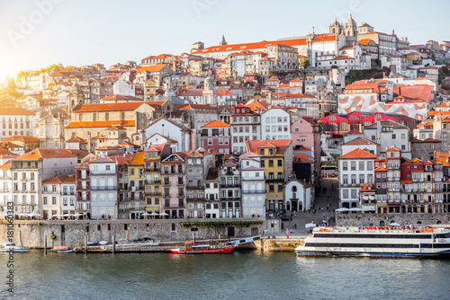 Landscape view on the old town on the riverside of Douro river in Porto during the sunset in Portugal © rh2010