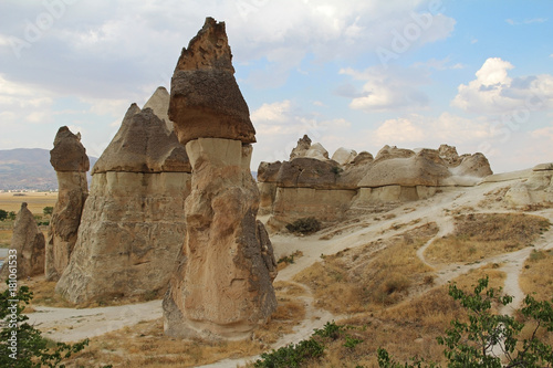 Natural valley with volcanic tuff stone rocks in Pasabag in Cappadocia, Turkey.
