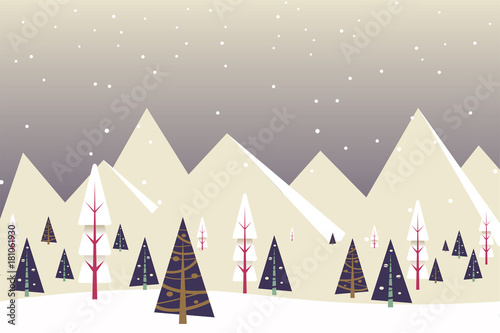 Christmas winter flat landscape background. Christmas forest woods with mountains. New Year vector greeting card