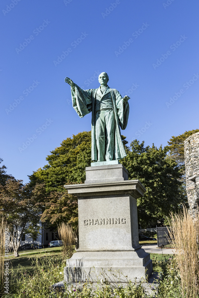 Fototapeta premium Newport Tower and Channing Statue, Tauro Park, Newport Rhode Island USA. Summer, 2016