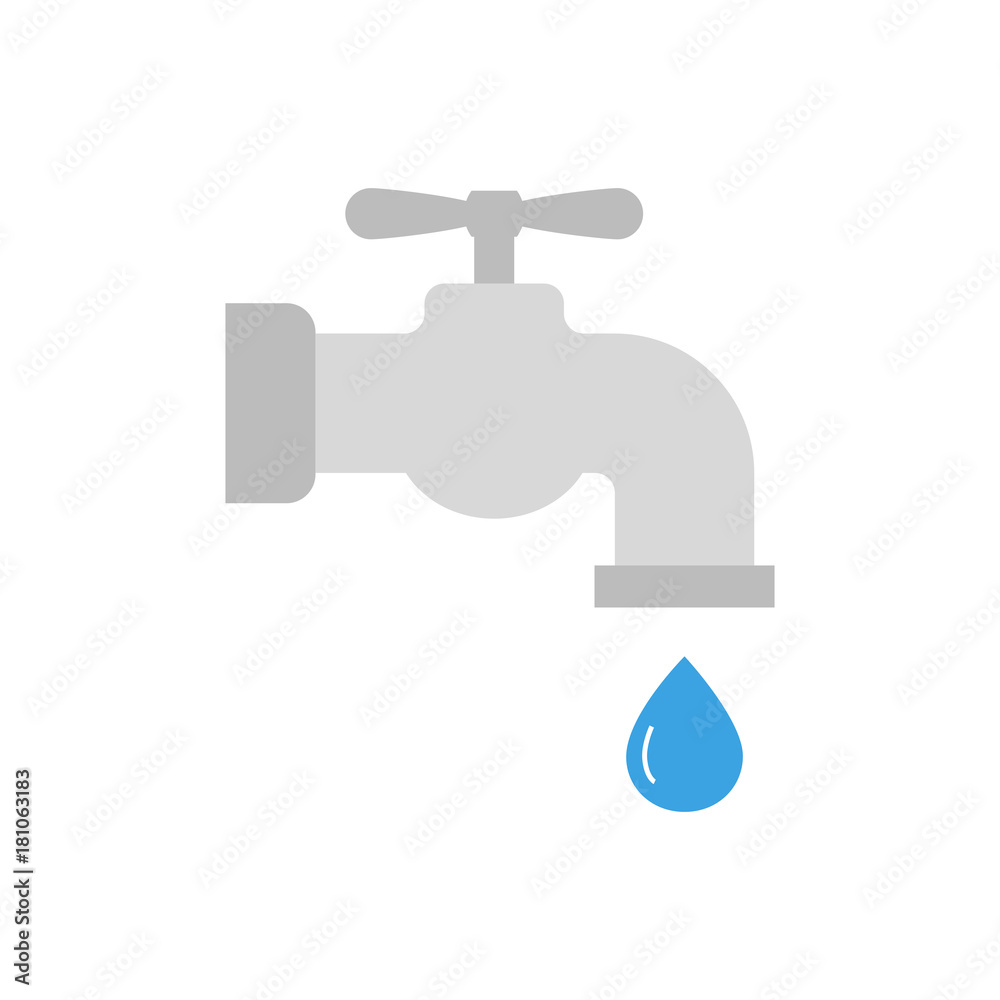 Flat icon metal water tap with a drop of water isolated on white background. Vector illustration. Flat icon metal water tap with a drop of water isolated on white background. Vector illustration.