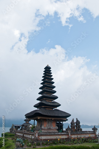 Pura Ulun Danu Beratan famous Hindu Bali temple with blue sky