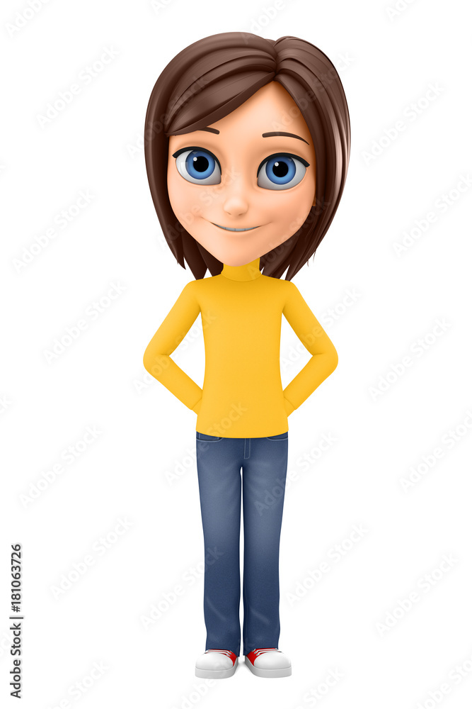 Cheerful girl shy on a white background. 3d rendering.