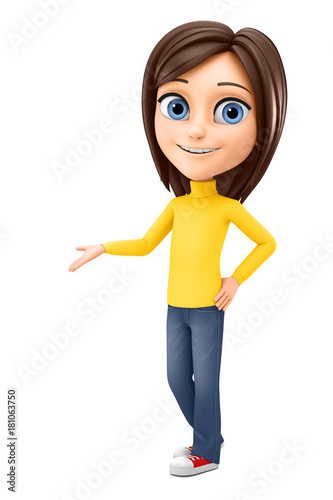 Cheerful girl makes a presentation on a white background. 3d rendering. Illustration for advertising.