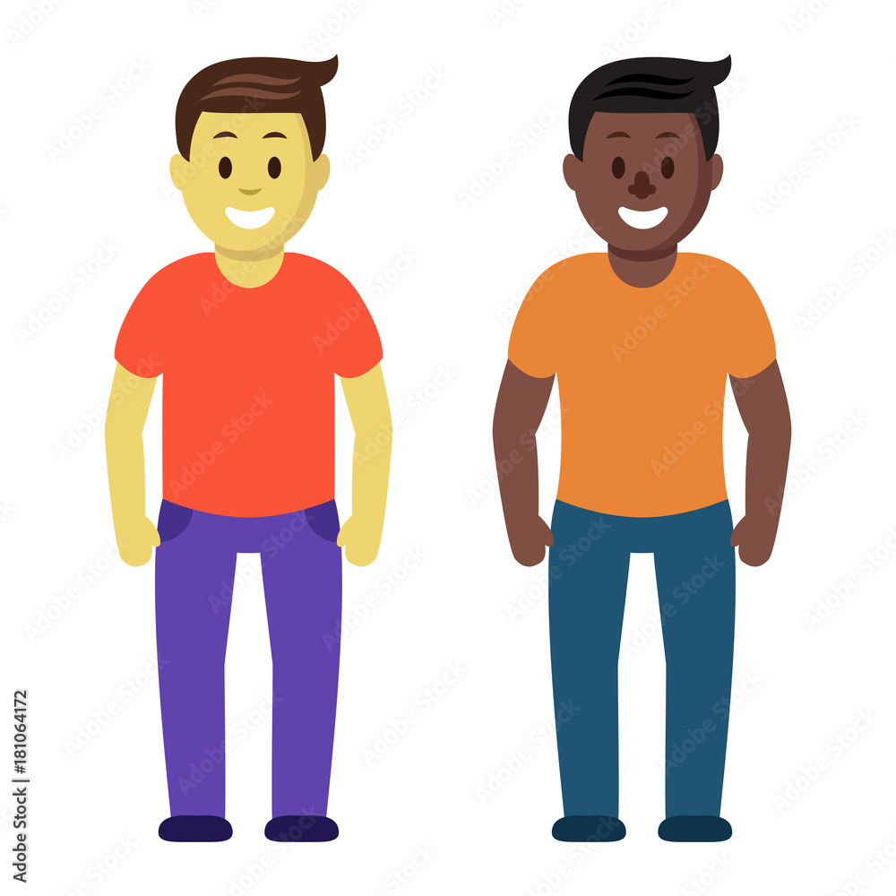 Meeting of two friends guys. Cartoon colorful flat illustration about unity and friendship for your design.