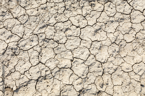The texture of the ground with cracks. Dry cracked soil in hot summer day.