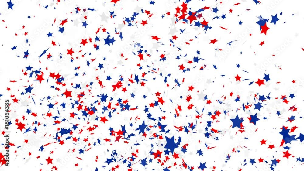 Confetti shots. Red, blue and white confetti stars falling on a white background with alpha matte