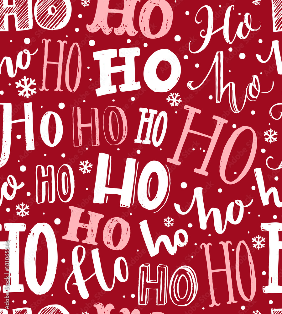 Ho ho ho pattern. Funny christmas background for gift wrapping. White lettering and hand drawn snow on red background. Santa Claus laugh. - obrazy, fototapety, plakaty 