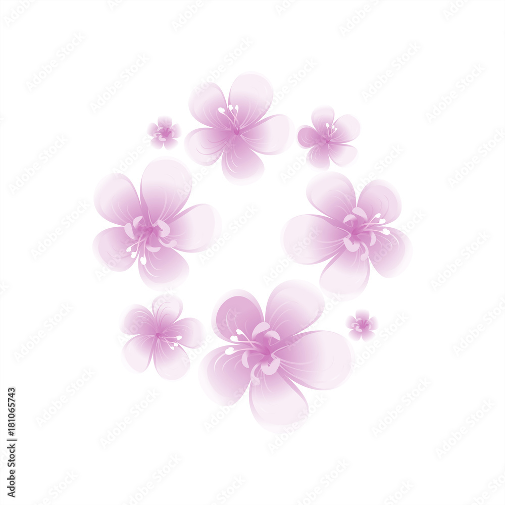 Purple Violet flowers isolated on white background. Apple-tree flowers. Cherry blossom. Vector