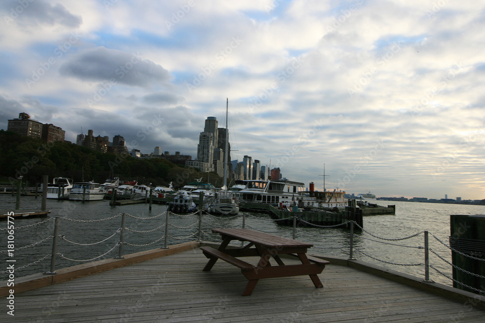 View from Riverside Park and West 79th Street Boat Basin to the Hudson River and New Jersey skylight