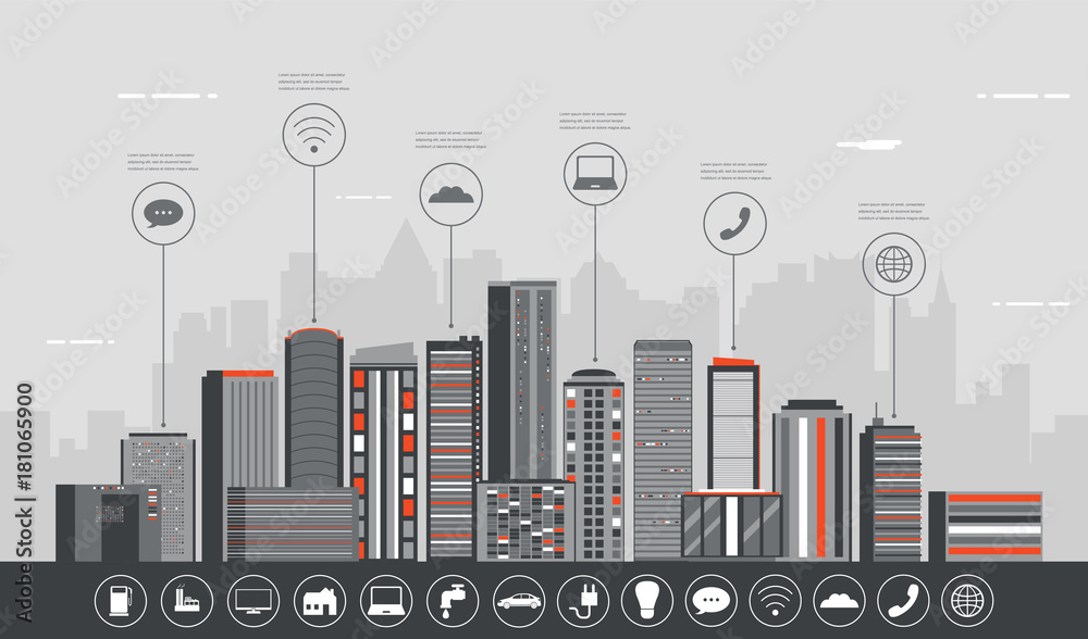 Obraz premium Urban landscape with infographic elements. Modern city. Smart city. Concept website template. Vector