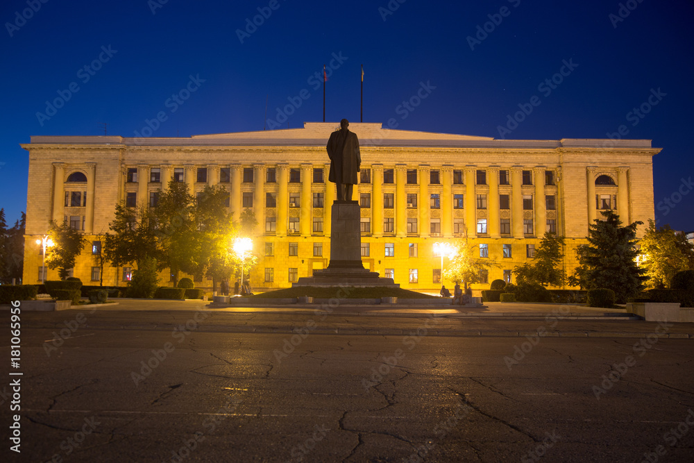 Penza, Russia - August 08, 2016: Lenin Square, Penza downtown. Night cityscape. The building of the Government of Penza region and Lenin monument
