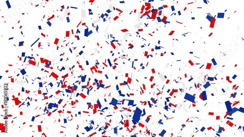 Confetti shots. Red, blue and white confetti falling on white background with alpha matte