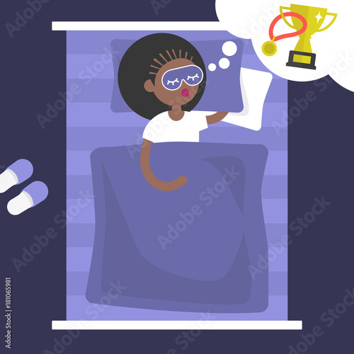 Young character seeing a dream of victory. Golden cup and medal. Desire to win. Conceptual illustration. Flat editable vector illustration, clip art