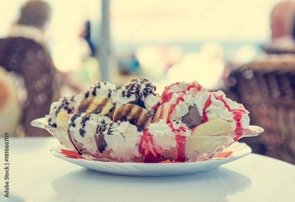 Delicious banana split ice cream.