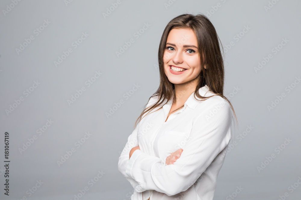 Smiling woman posing casual on white background Smiling woman posing casual on white background