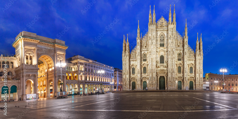 Panorama of the Piazza del Duomo, Cathedral Square, with Milan Cathedral or Duomo di Milano and Galleria Vittorio Emanuele II, during morning blue hour, Milan, Lombardia, Italy