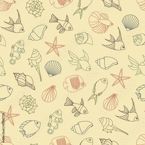 Vector illustration of seamless pattern of seashells and fish