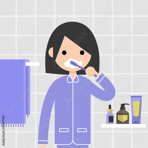 Oral care. Daily routine. Young character brushing teeth in front of mirror in a bathroom. Domestic life. Morning hygiene. Flat vector illustration, clip art. Bathroom interior. Healthy habits.