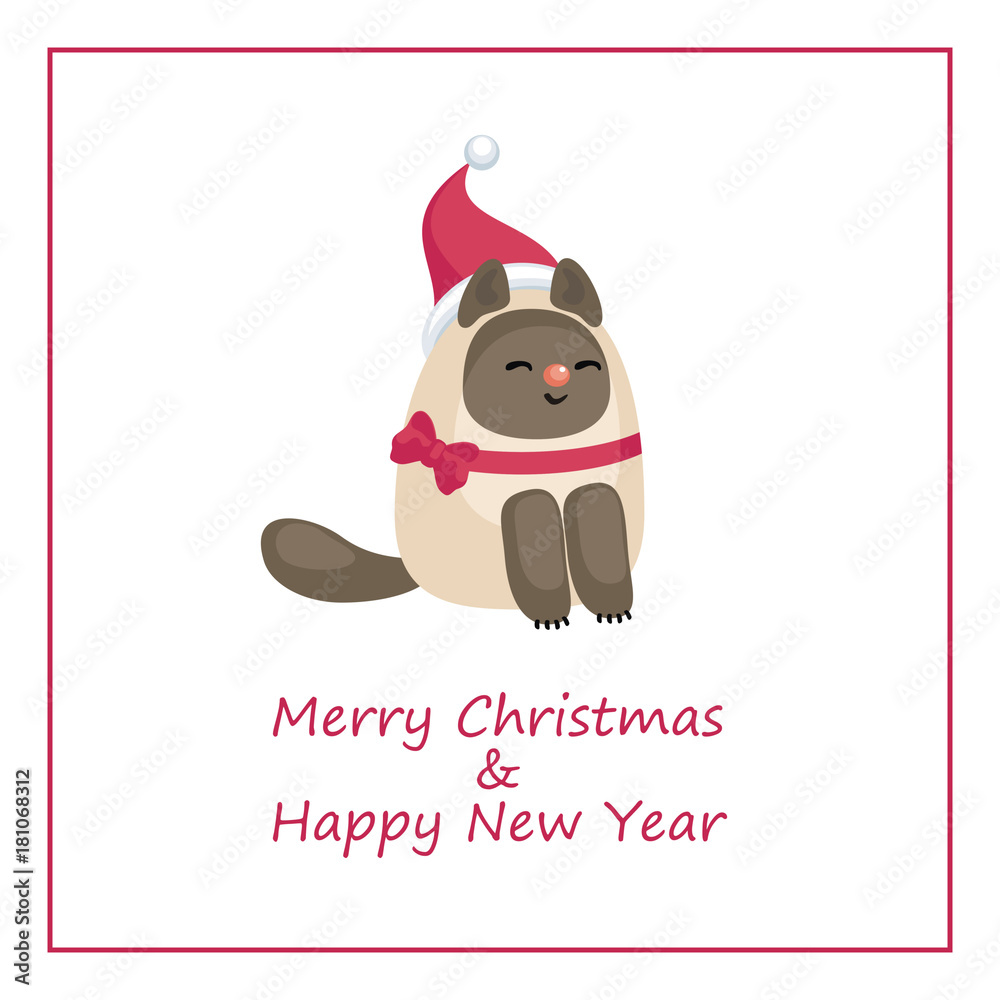 Christmas greeting card with the image of funny cat. Vector illustration in cartoon style. Christmas greeting card with the image of funny cat. Vector illustration in cartoon style.