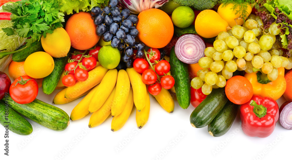 Big collection of fruits and vegetables isolated on white background.