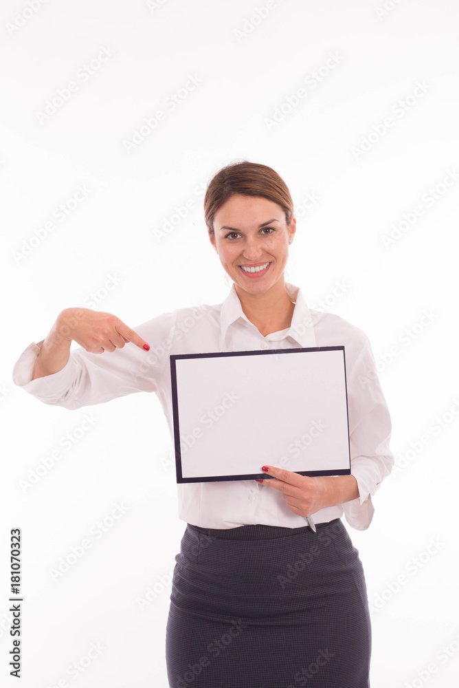 Young business woman showing on the white paper Young business woman showing on the white paper