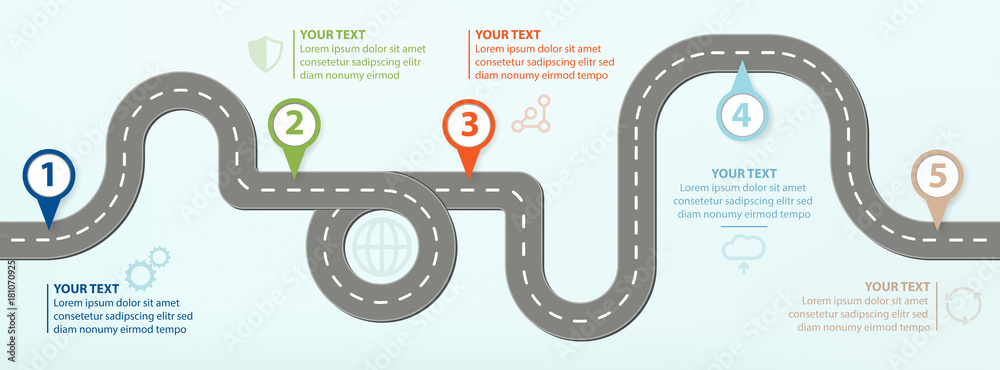 Road Map, Flat Design Vector Illustration Infographic elements showing ...