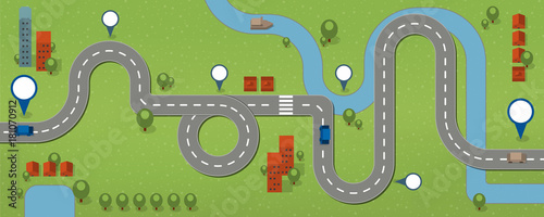 Road Map, Flat Design Vector Illustration, with landscape, houses and traffic on the street