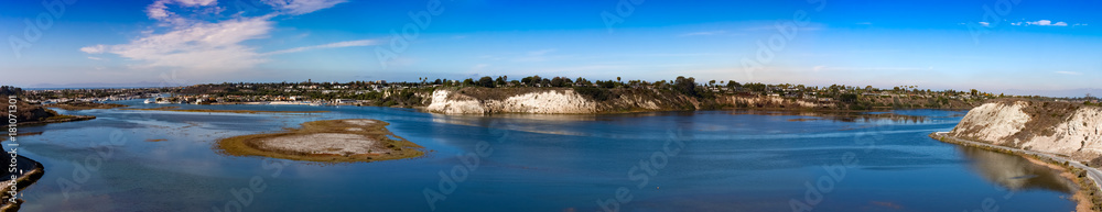 Newport Beach back bay panorama view at high tide on a sunny morning