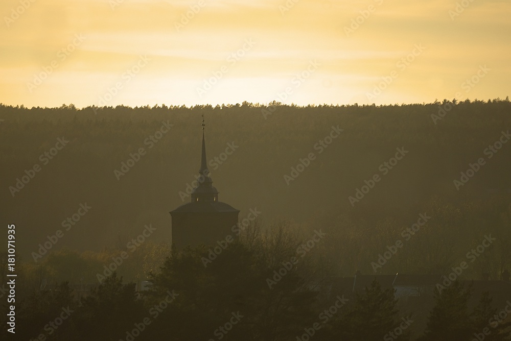 Obraz premium Tower speer, roof tops, treeline and yellow sky
