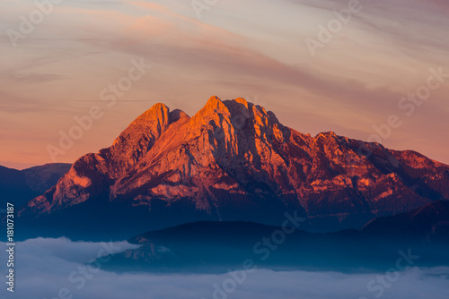 Emblematic mountain of Pedraforca with the first lights at dawn