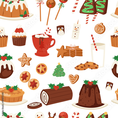 Christmas food vector desserts holiday decoration xmas family diner sweet celebration meal illustration. Traditional festive winter cake homemade x-mas seamless pattern background