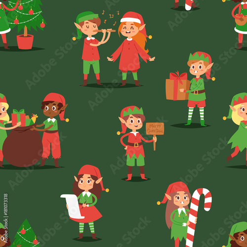 Christmas elfs kids vector children Santa Claus helpers cartoon elfish boys and girls young characters traditional costume celebrated seamless pattern background