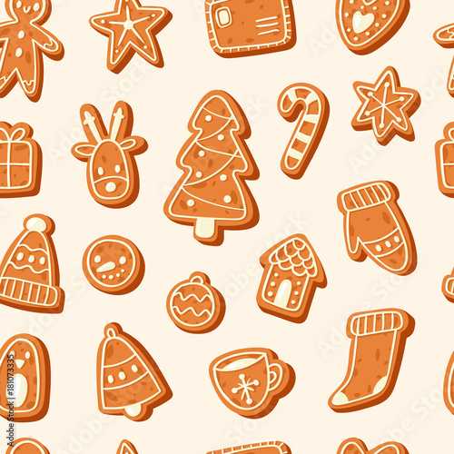 Christmas cake vector sweet desserts food traditional cakes for Xmas dinner and teatime - tree, deer, cakeman, bell, house, sock and penguin seamless pattern background