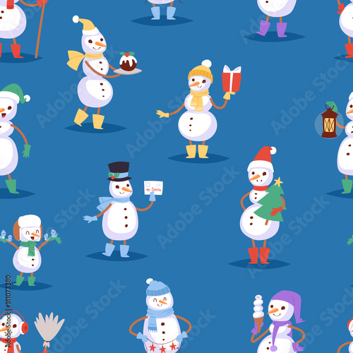 Snowman cute cartoon winter christmas character man holiday merry xmas snow boys and girls vector illustration seamless pattern background