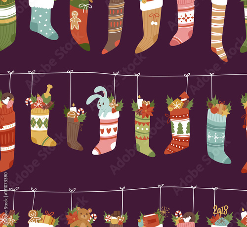 Christmas socks vector Santa Xmas New Year gift traditional Christians symbol sey illustration different textile design food clothes seamless pattern background