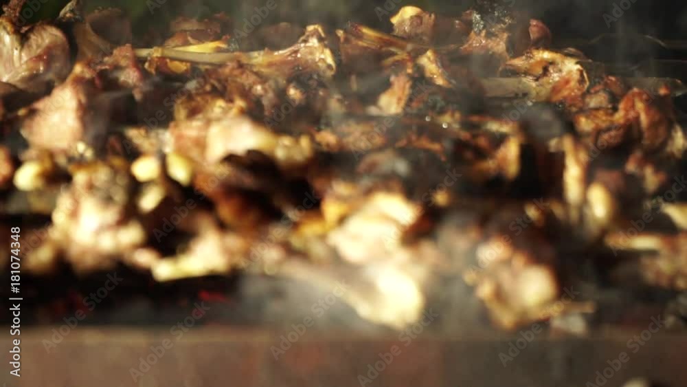 Slow motion. Cooking barbecue. Fresh meat roasted on coals. Outdoor recreation. Slow motion. Cooking barbecue. Fresh meat roasted on coals. Outdoor recreation.